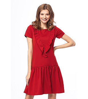 Червена рокля с къдрички и къс ръкав Lala снимка